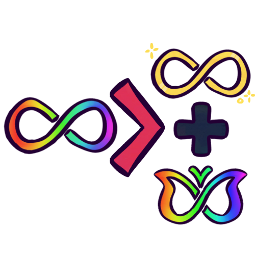 A rainbow colored infinity symbol, representing neurodiversity. Then, a “greater than” symbol. To the right of it, on the “lesser” side, is a gold infinity symbol, representing autism, a plus sign, and the ADHD butterfly symbol, which is a rainbow-colored, stylized depiction of a butterfly, with the wings drawn with a single stroke to resemble an infinity sign